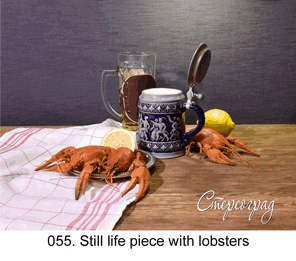 <b>055.</b> Still life piece with lobsters.   (3D shooting : with step to step moving). 2016. 58x45 cm.<br>
 Price - <b>13500</b> roubles unframed